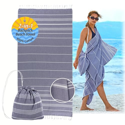 CalmyBEACH Asciugamano per hammam, asciugamano da spiaggia, 100% cotone, 180 x 90 cm, per uomo e donna, asciugamano da yoga (blu)