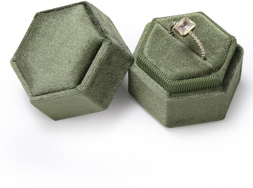 Etercycle Velvet Ring Box - Vintage Hexagon Premium Jewelry Display Holder Gift Box with Detachable Lid for Wedding Ceremony Proposal Engagement (Green, 1 Slot)
