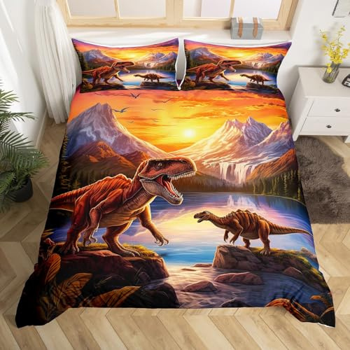 Set di biancheria da letto per bambini con copripiumino singolo con dinosauro e animali selvatici, con stampa di dinosauri 3D, decorazione per la casa per ragazzi e ragazze (chiusura con cerniera)
