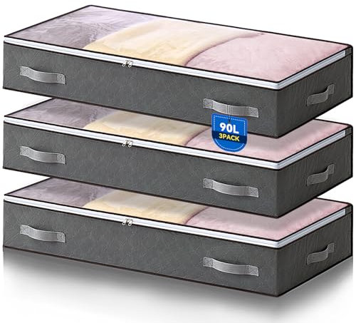 AIOR 3 Pezzi 90L Contenitori Sottoletto Organizzatore letto, Salvaspazio Contenitore Sottoletto Pieghevole con Finestra Trasparente, Organizer per Piumoni, Lenzuola, Vestiti, 100x50x18cm
