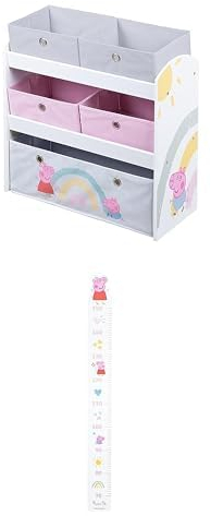 Bundle aus roba Spielregal Holz Peppa Pig - mit 5 Boxen + roba Messlatte für Kinder Peppa Pig - Skala von 70 cm bis 150 cm