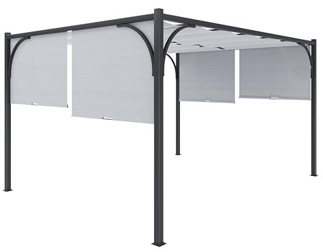 Pergola Gazebo 3x3 M Struttura Nera In Acciaio Pergolato Con Tetto Scorrevole Telo Impermeabile Richiudibile Retrattile Giardino Terrazzo Piscina Esterno Campeggio (3 x 3 M, Grigio)