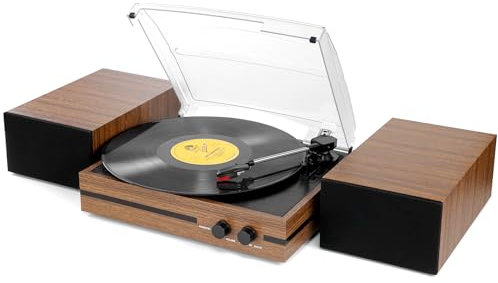 Retro Vinyl Record Player Bluetooth Desktop Phonograph Belt-Drive Turntable with External Speakers,Dual Stereo Speakers LP Players AUX Headphone Input RCA Out, 3 Speeds 3 Sizes Wood Brown
