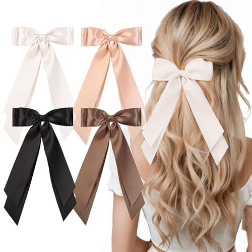ZUFIO 2PCS Silky Satin Hair Bows Clip Hair Ribbon Ponytail Holder Accessories Slides Metal Clips Bow for Women Girls Toddlers Teens Kids (Cream/Pink/Black/Brown, 4Pack)