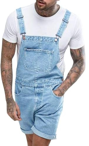 Runcati Salopette da uomo in cotone, jeans, pantaloni corti da lavoro, vestibilità larga, da uomo, in denim, con tasche, Azzurro, M