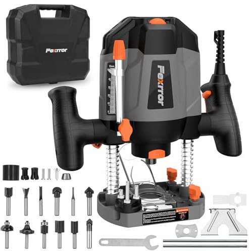 Fexrror Wood Trimmer, Electric Palm Router Tool, 7 Variable Speeds Router for Woodworking, Trimmer Router with 12pcs Trim Router Bits for Handwork and DIY, Storage Case with 1/4 6mm 8mm Bits Collets