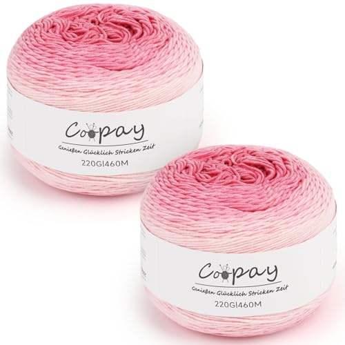 Coopay Lot de 2 Pelotes de Laine pour Crochet Tricot, 2 x 220 g de Laine Dégradé, Fil en Coton Acrylique, Super Doux pour écharpe, Pull, Sac, Châle - Fleurs de Pêche