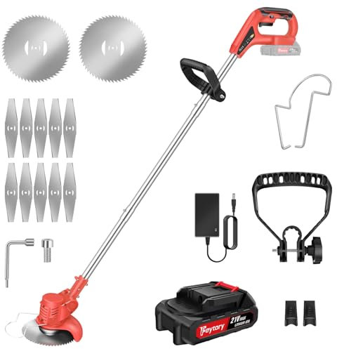 Yiyai Desbrozadora eléctrica con batería de 21 V, con batería plegable, 3 capas, desbrozadora eléctrica con 21 accesorios y mango ajustable, desbrozadora eléctrica para cortacésped, yarda, hilo
