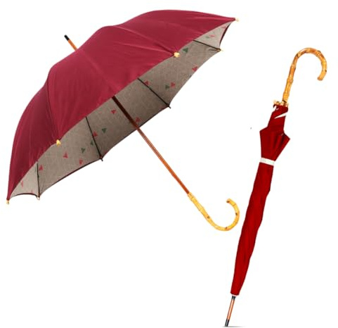 Le Monde du Parapluie - Grand parapluie pour femme - Canopée double couche - Manche en bois - Motifs triangulaires - Rouge