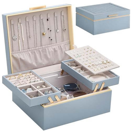 Lolalet Scatola Portagioie e Porta Gioielli Grande per Donna, Organizer 2 Livelli per Collane, Orecchini, Anelli e Braccialetti, Haze Blu