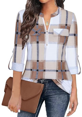Gemulate Ladies Tops Long Sleeve T Shirts Plaid Tunic Blouse V Neck and Floral Print Polo Top Womens Checked Shirts with Zips Plaid Khaki M