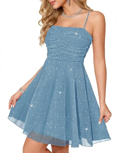 Meetjen Womens Cocktail Dress Sequin Summer Glitter A Line Prom Short Bridesmaid Party Dresses Graduation Dance Spaghetti Straps Grey Blue S