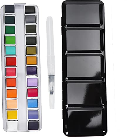 Acouto Ensemble de Pigments D'aquarelle, Portable Rechargeable, Couleurs Vives, Ensemble de Poche de Voyage, Fournitures de Peinture avec Boîte pour (24 couleurs couleur régulière (boîte en fer noir))