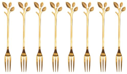 ASAKKURA Set 8 Forchette da Frutta in Acciaio Inox Dorate Design Foglia, Forchettine da Dessert per Casa, Bar e Feste, Utensili Cucina Antipasti e Cocktail