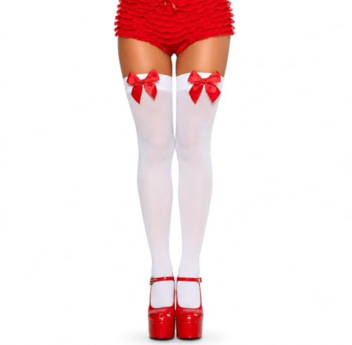 Leg Avenue 6255 - Durchsichtige Halterlose Strümpfe mit Schleife, Einheitsgröße, weiß/rot