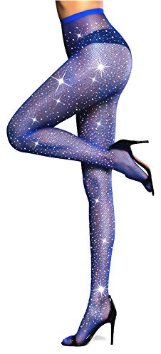 LUCKELF Collant sexy a vita alta Sparkle Strass Calze a rete Party Strass Calze a rete, Blu, taglia unica
