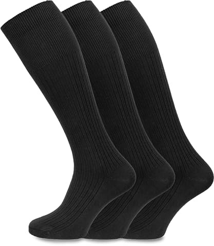Socksmad 3 Pairs Mens 100% Soft Cotton Extra Long Knee High Socks 6-11 Uk, 39-45 Black/White/B/N/G/Assorted (Black)
