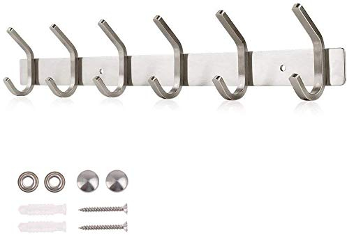 Dripex Hakenleiste Rostfrei Edelstahl Kleiderhaken Garderobenhaken gebürstete Optik Doppelhaken bis zu 30kg belastbar Haken (Silber, 6 Haken)