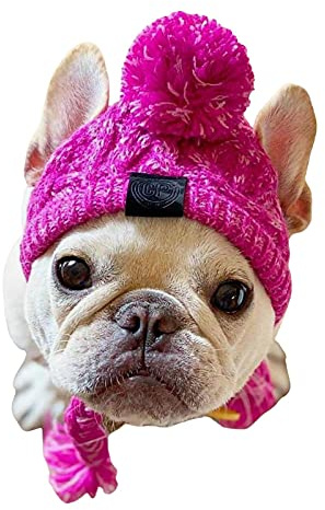 Caldo cappello lavorato a maglia con pompon per animali domestici, cappello invernale soffice gattino antivento in lana con treccia lunga, bulldog francese taglia media e accessori per costume