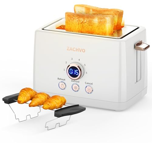 Toaster 2 Slice - ZACHVO Bread Toaster with Countdown Timer, 6 Browning Setting, Warming Rack Removable Crumb Tray, High Lift, Reheat, Defrost, for Busy Mornings Family Breakfasts