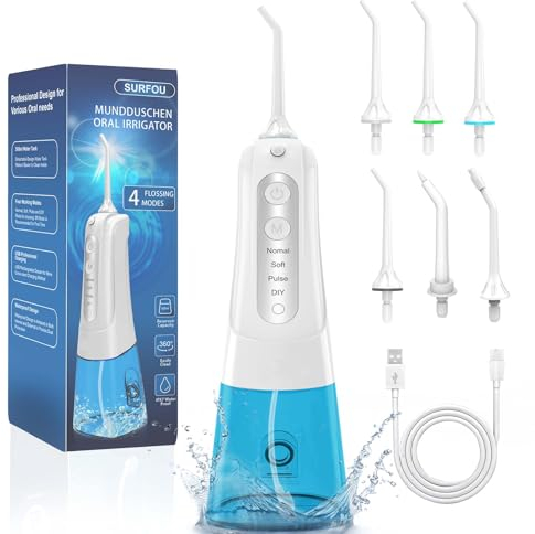 SURFOU Munddusche Kabellos Water Flosser for Teeth, Elektrische Zahnseide Oral Irrigator Zahndusche Wasser Zahnreiniger, Zahnzwischenraumreiniger Elektrisch Wasserflosser für Zähne