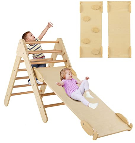 COSTWAY 3 en 1 Triángulo de Escalada con Rampa Ajustable para Escalar y Deslizarse, Escalador Triangular de Madera, Juguetes Triangulares de Escalada para Niños (Natural)