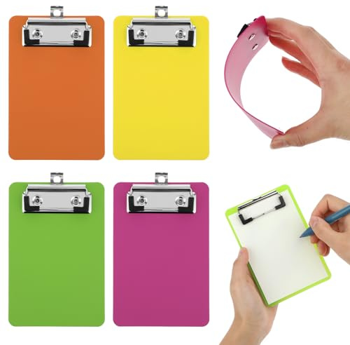 Bewudy 4 Pack Small Clipboards 4 x 6 Inch, Mini Clip Board Notepads Clipboard, Letter Size Plastic Pocket Clipboard with Low Profile Clip, for Office Classroom Supplies(4 Color A)