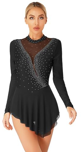 Freebily Abito da Pattinaggio Artistico sul Ghiaccio Donna Vestito Danza Classica Ballerina Moderna Strass Leotards da Balletto Abito da Danza Lirica Contemporanea Dancewear Nero S
