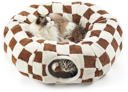 Lesure Cat Tunnel Bed for Indoor Cats - Cute Cat Donut Tunnel Toys for Small Large Cats with Washable Circle Cushion, Round Pet Peekaboo Cave Toy for Kitten/Puppy/Rabbit, Standard Brown Checks