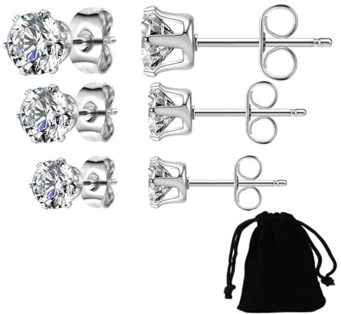 3 Paar Ohrringe-Set, Diamant-Ohrringe und Ohrstecker, weißvergoldete, imitierte Diamant-Ohrringe, runde Zirkonia-Ohrringe, hypoallergene Ohrringe für Damen und Herren