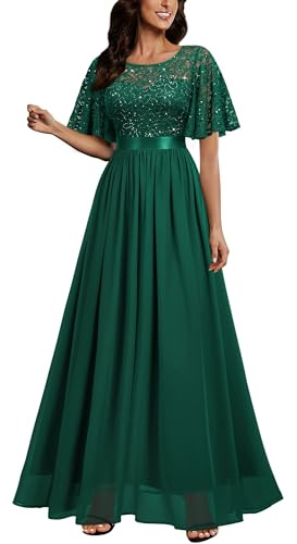 MIUSOL Women's Elegant Flutter Sleeves Lace Sequin Prom Bridesmaids Party Gown Formal Maxi Dress (XX-Large, Dark Green)