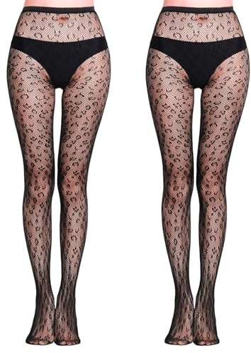 Miaija 2Pairs Leopard Fishnet Tights Sexy Women Patterned Tights Fashion Black Net Stockings for Women and Girls