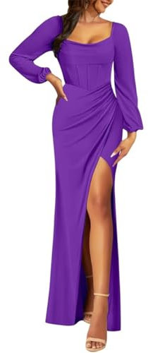Robe de demoiselle d'honneur à manches longues pour femme - Bustier sirène - En mousseline de soie - Fente formelle, violet, 44