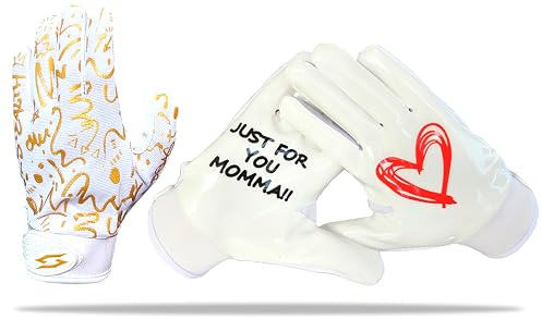 Just for You Momma Football Receiver Gloves - Black White Battle College Lineman Football Gloves Adult Youth Men’s Small to XXL Sizes Money (White-Gold, Adult - XXL)