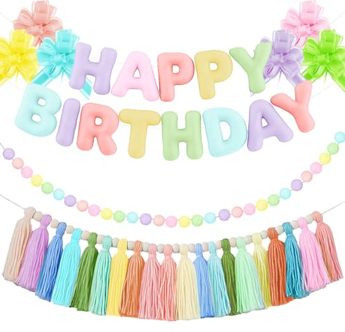 Chunful 9 Pcs Pre-Strung Felt Happy Birthday Banner 3D Party Decorations Set, Reusable Garland Ball, Tassel Banner Gauze Flowers for Wall Backdrop Decor(Rainbow)