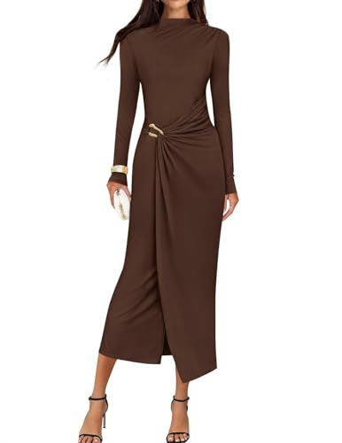 ZESICA Women's 2026 Spring Long Sleeve Bodycon Dress Mock Neck Wedding Guest Cocktail Party Long Midi Dresses Brown Small