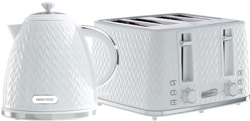Daewoo Argyle Jug Kettle & 4 Slice Toaster Set, 1.7L 3KW Rapid Boil Stylish Textured Design, Removable Filter, Reheat & Defrost Functions, Perfect for Modern Kitchens, White
