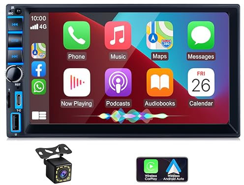 iFreGo Bilradio med telefon spegellänk, 7 tum 2 din radio Bluetooth, CarPlay och Android Auto, FM-stereoradio för bil, rattkontroll, USB, snabbladdning, backkamera, 7 färgglada lampor