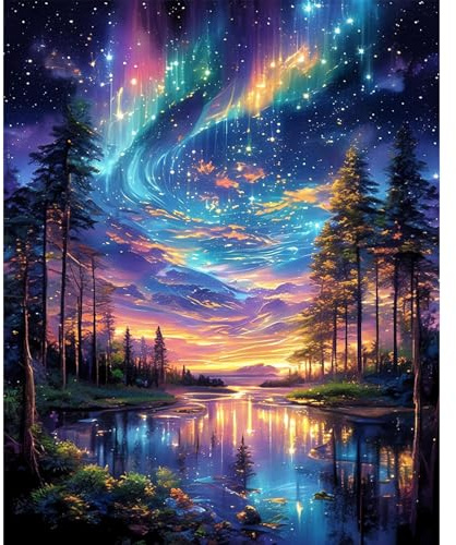 Fountor Starry Sky Paint by Numbers for Adults Without Frame 40x50 CM | Starry Night Landscape DIY Acrylic Painting by Numbers for Adults, Stress Relief Craft Kits, Home Wall Decor Gift