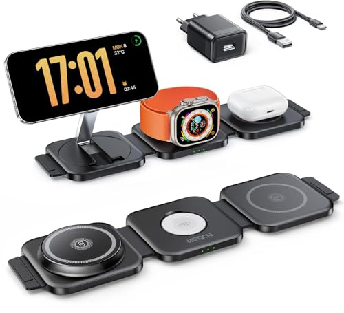 JARGOU 3 in 1 Mag-Safe Ladestation für Apple, Ladestation Apple Watch und iPhone, Faltbar Ladegerät für iPhone 17 Pro Max 16 15 14 13 12, Wireless Charger für Apple Watch Series, AirPods Pro 4 3 2