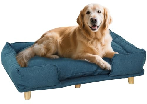 PawHut Sofá para Perros Grandes con Cojín Lavable y Patas de Madera Cama Elevada para Mascotas Cama para Perros Soporta 30 kg 96x66x24 cm Azul