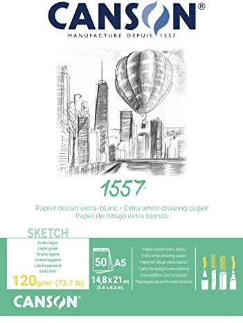 CANSON 1557 120gsm A4 White Sketch Paper Pad, Light Grain, Glued Short Side, 50 Extra White Sheets, For Professional Artists & Students