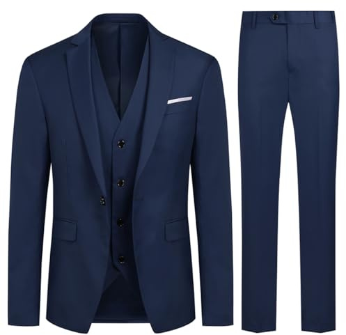 Costume Homme Mariage 3 Pièces Slim Fit Smoking Costumes Couleur Pure Formel Veste Gilet et Pantalon Homme, Bleu Marine, XL