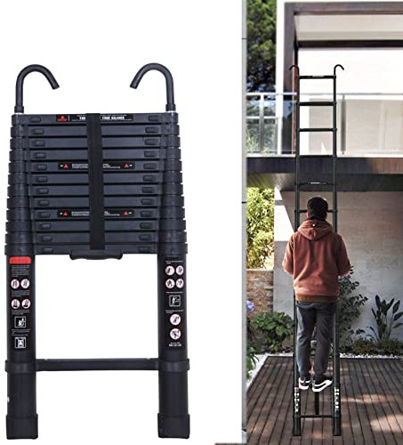 Escalera telescópica con gancho, 5 m, de aluminio, extensible y portátil, plegable, capacidad de carga de 150 kg, EN131, color negro