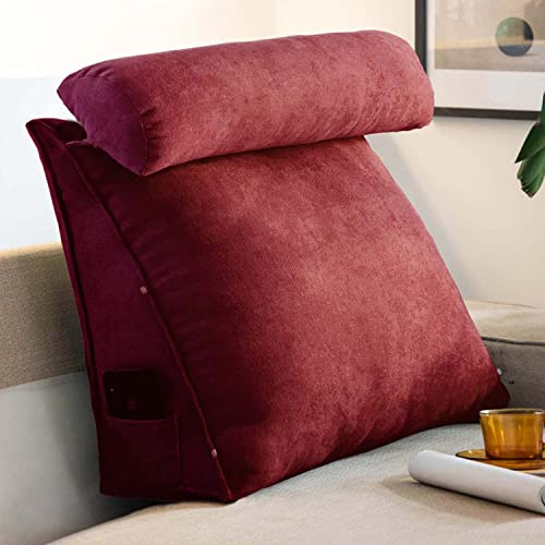 YASHANG Almohada de cuña triangular para lectura con cuello ajustable, cojín de respaldo para sofá cama, cabecero, almohadas de apoyo lumbar (rojo vino)