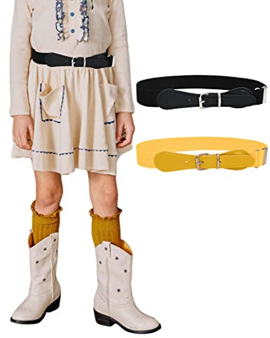 Kiench Mädchen Gürtel Elastisch Verstellbar Kinder Stretchgürtel mit Lederverschluss 2er-Pack Gelb & Schwarz EU Taillenumfang 50cm-65cm = Gesamtlänge 65cm