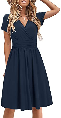 STYLEWORD Robe d'été à Manches Courtes pour Femme Robe d'été à col en V Floral Wrap Taille Robe décontractée avec Poches