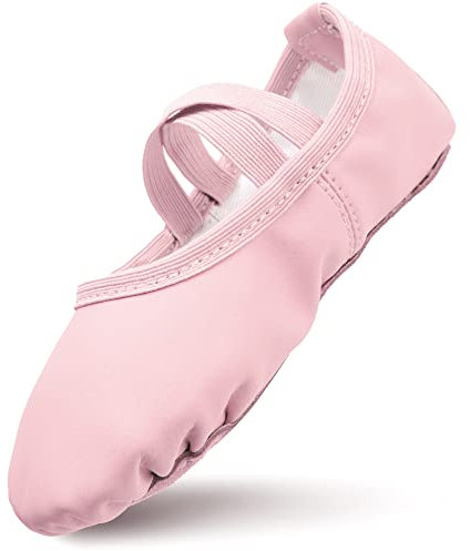Chaussures de Ballet pour Fille en Cuir - Doublure en Coton Épais, Semelle en Cuir, Sangles Pré-Cousues - Chaussures de Danse pour Enfants, Rose, 34 EU