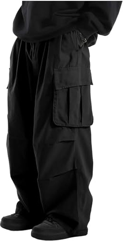 ZAFUL Men's Baggy Cargo Pants Casual Drawstring Loose Fit Hip Hop Pants Flap Pockets Trousers for Streetwear(1-Black, L)
