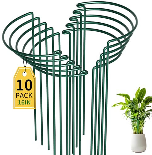 10 Pack Plant Supports for Outdoor Plants 25x40cm, Metal Half Round Garden Stakes,Weatherproof Green Powder Coated Flower Hoops Rings Cage for Peonies,Dahlias,Hydrangeas,Roses,Easy DIY Assembly